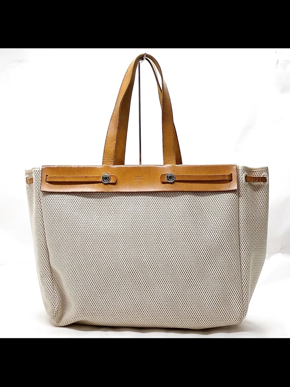 Vintage Hermes  Canvas Leather Tote Bag Beige #G